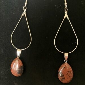 NWOT Handmade Mahogany Obsidian teardrop silver fishhook earrings.  4” long